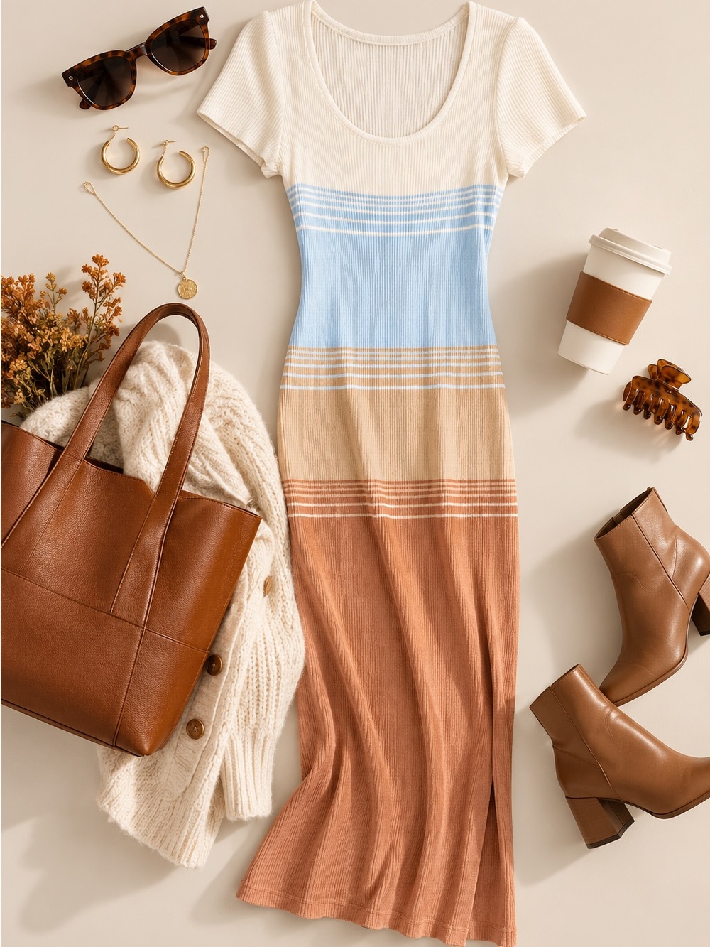 Almost Famous XL Ribbed Knit Maxi Dress Colorblock Blue Brown Cream Slit